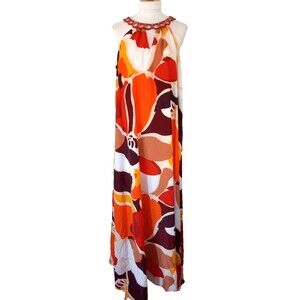 Eva Mendes Boho Orange Floral Maxi Dress Crocheted Neckline Size Large